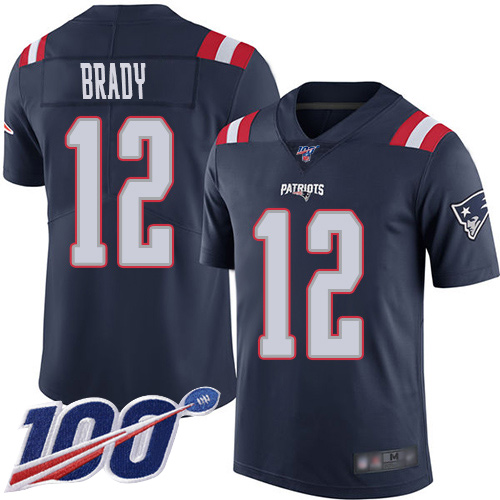 New England Patriots Football 12 100th Season Rush Vapor Limited Navy Blue Men Tom Brady NFL Jersey